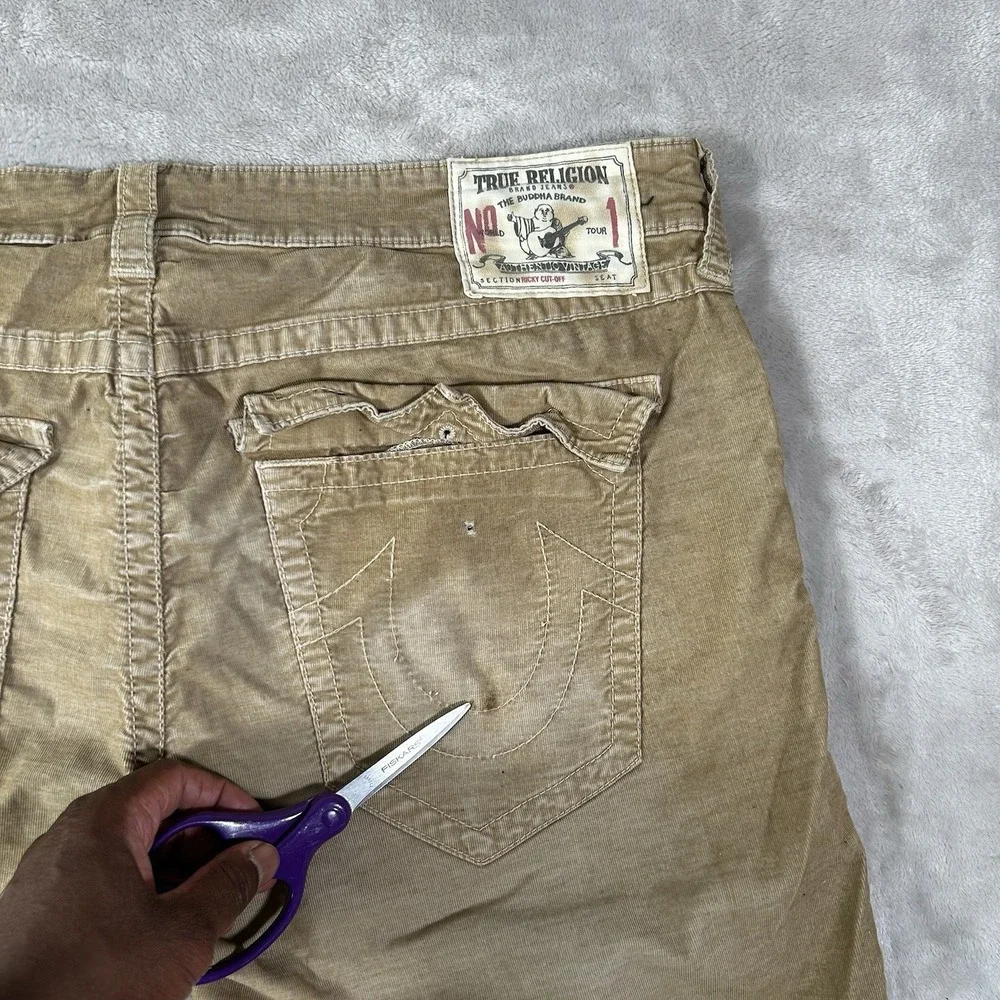 True Religion Ricky Jean Short Men 40 Tan Corduroy Frayed Flap Pocket Jorts Y2K